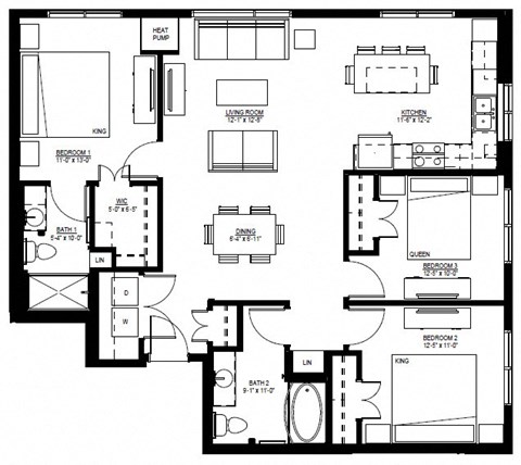 Floor plan for 3 beds, 2 baths, 1257 sqft